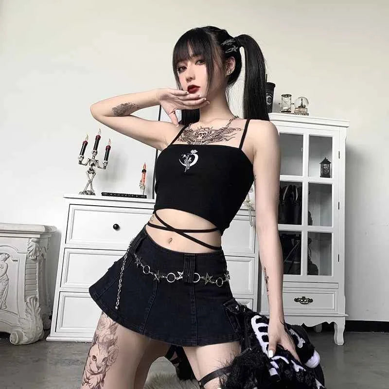 Gothic Women's Print Suspender Sleeveless Square Neck Slim Crop Top