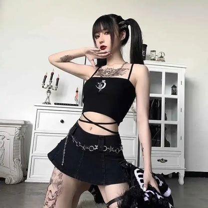 Gothic Women's Print Suspender Sleeveless Square Neck Slim Crop Top - Pedlar's Attic
