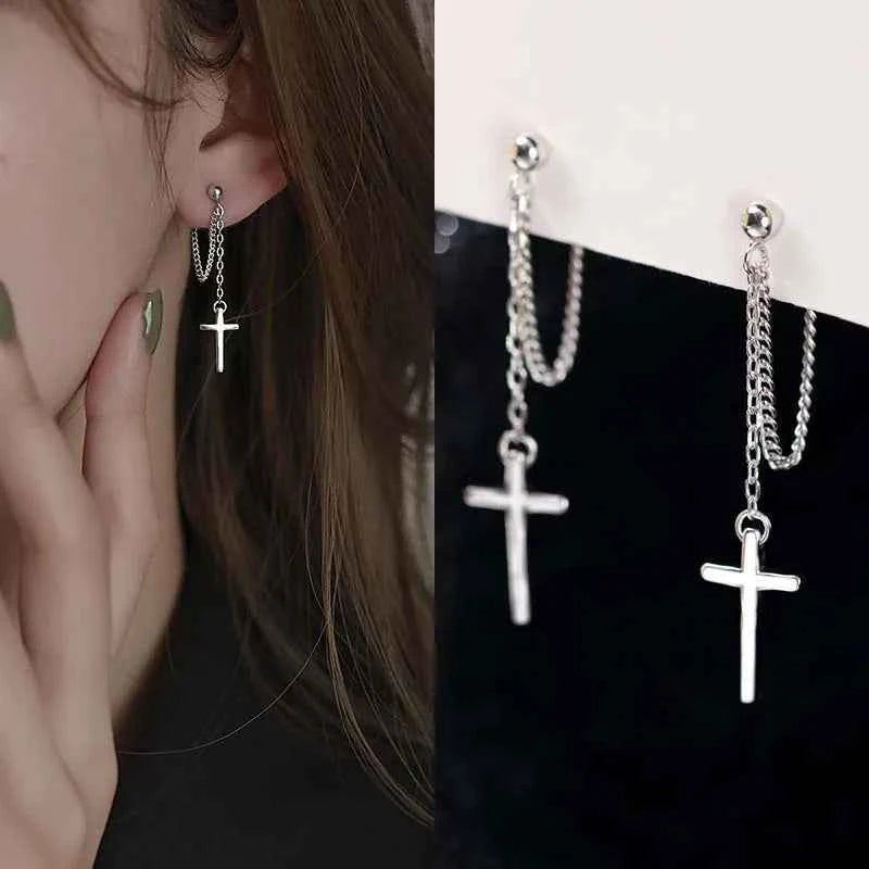 Punk Silver Gothic Cross Drop Earrings - Long Tassel Design for Bold Style | Unisex Jewelry Gift - Pedlar's Attic