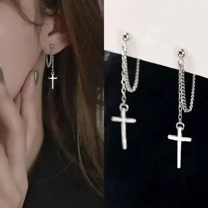 Punk Silver Gothic Cross Drop Earrings - Long Tassel Design for Bold Style | Unisex Jewelry Gift - Pedlar's Attic