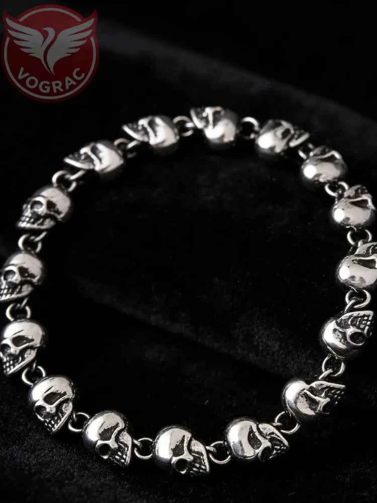 VOGRAC Stainless Steel Skull Bead Linked Strand Bracelet for Men and Women, Gothic Punk Rock Biker Skull Jewelry Gift