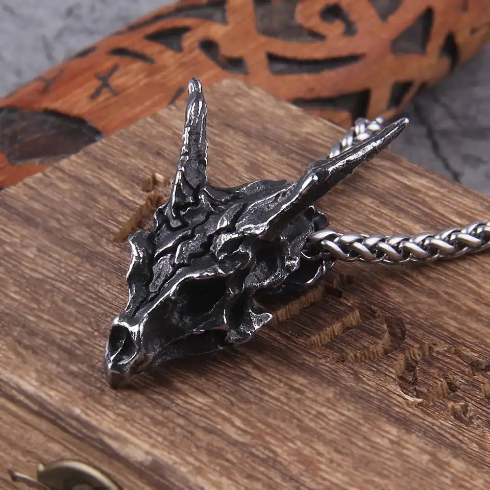 Bone & Fire — Viking Dragon Skull Pendant Necklace