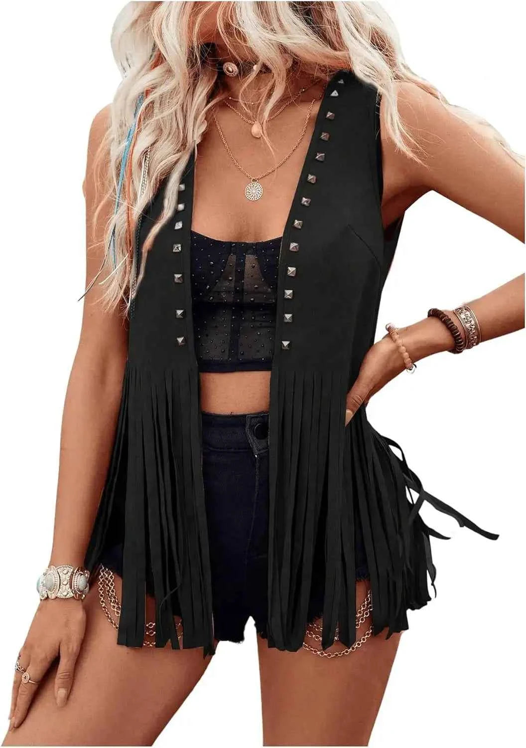 Women Vintage Sleeveless Faux Suede Fringe Vest Rivets Leather Western Boho Tassel Jacket Open Front Hippie Cardigan 2025