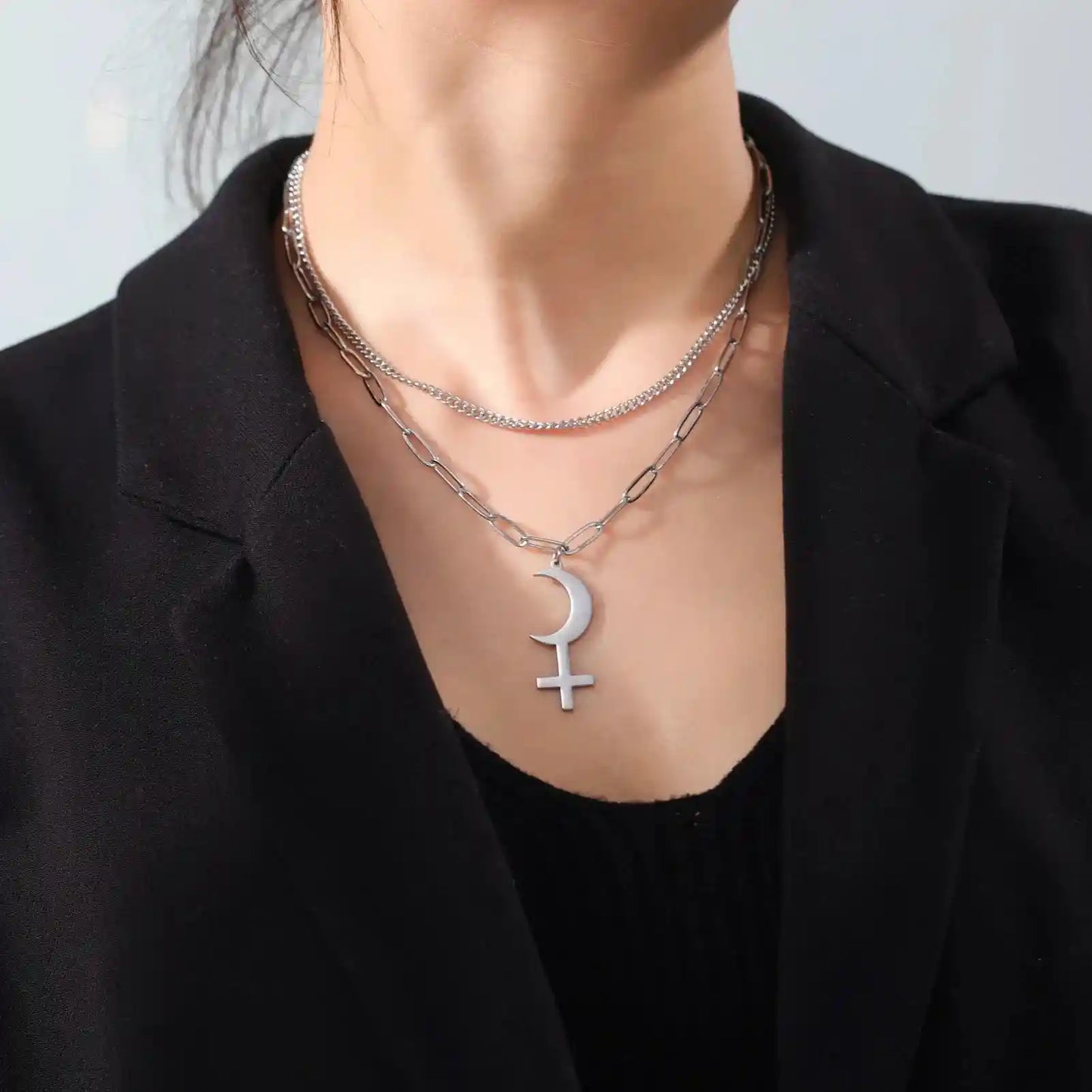 Vintage Black Moon Lilith Pendant Necklace Crescent Moon Cross Double Layer Necklace - Pedlar's Attic
