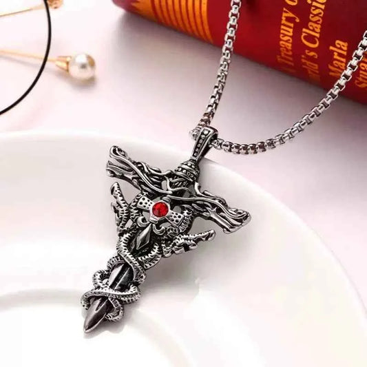 LLL Punk Fashion Titanium Steel Necklace for Men Alloy Double Dragon Sword Pendant Choker Ring Vintage Evil Eye Cross Jewelry Gi