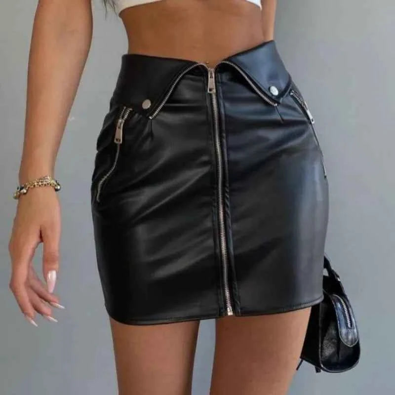 Candyhot Sexy Y2K PU Leather Zipper Casual Skirt Chic Multi Zip Fashion Slim Hip Skirts Summer Club Party High-waist Mini Dress - Pedlar's Attic