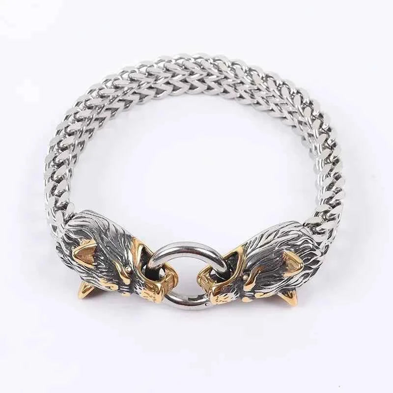 Stainless Steel Nordic Double Wolf Head Bracelet