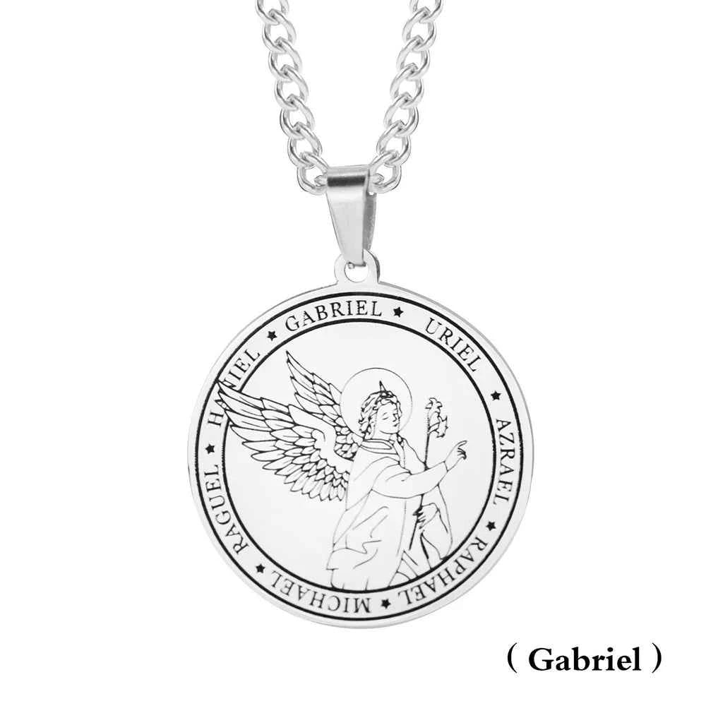 Religious Azrael Gabriel Raphael Uriel Michael Archangel Angel Wing Medal Stainless Steel Pendant Necklace Jewelry