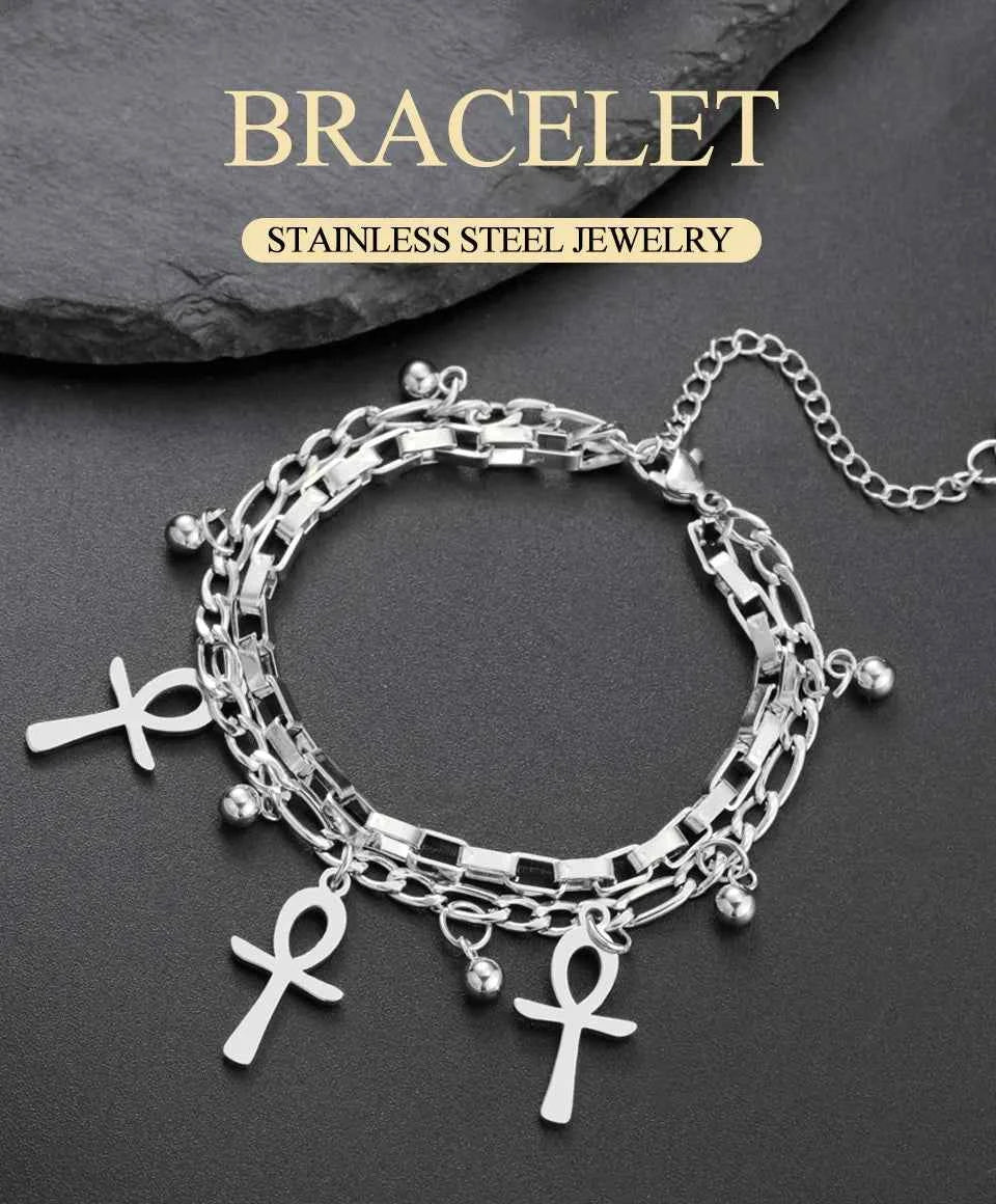 Dawapara Ankh Cross Bracelet Religious Ancient Egyptian Key To Life Prayer Amulet Supernatural Stainless Steel Jewelry