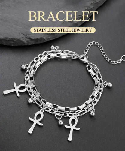 Dawapara Ankh Cross Bracelet Religious Ancient Egyptian Key To Life Prayer Amulet Supernatural Stainless Steel Jewelry - Pedlar's Attic