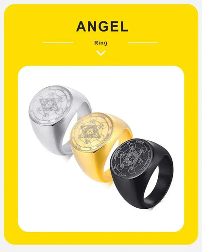 Vnox Seven Seals of Angels Rings for Men, Round Top Stamp Finger Band, Metatron Cube Stamp Ring, Chunky Punk Jewelry - Pedlar's Attic