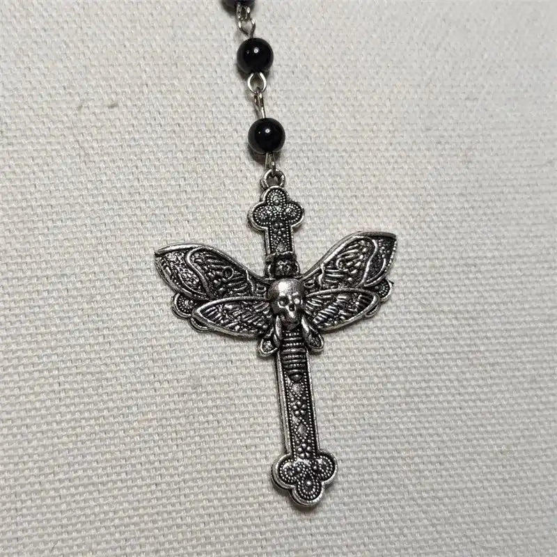 The Moth Knows the Cross — Gothic Death Moth Rosary Necklace