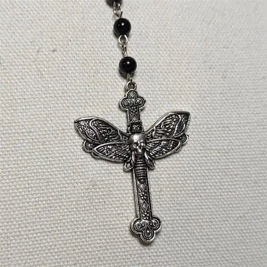 The Moth Knows the Cross — Gothic Death Moth Rosary Necklace