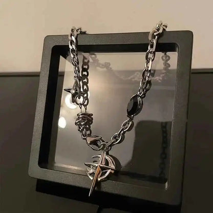 JWER Y2K Cuban Figaro Chain Necklace with Star & Moon Pendant - Punk Black Zircon Choker for Men - Pedlar's Attic