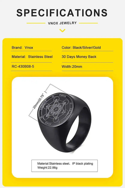 Vnox Seven Seals of Angels Rings for Men, Round Top Stamp Finger Band, Metatron Cube Stamp Ring, Chunky Punk Jewelry - Pedlar's Attic