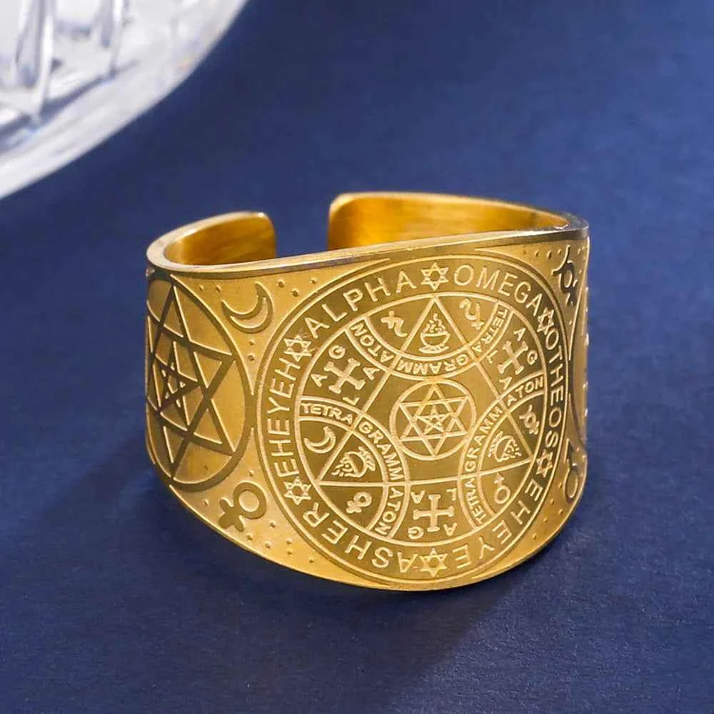 Dawapara Enochian Magic Angel Ring Solomon Kabbalah Protection Amulet Stainless Steel Hexagram Triangle Religious Jewelry