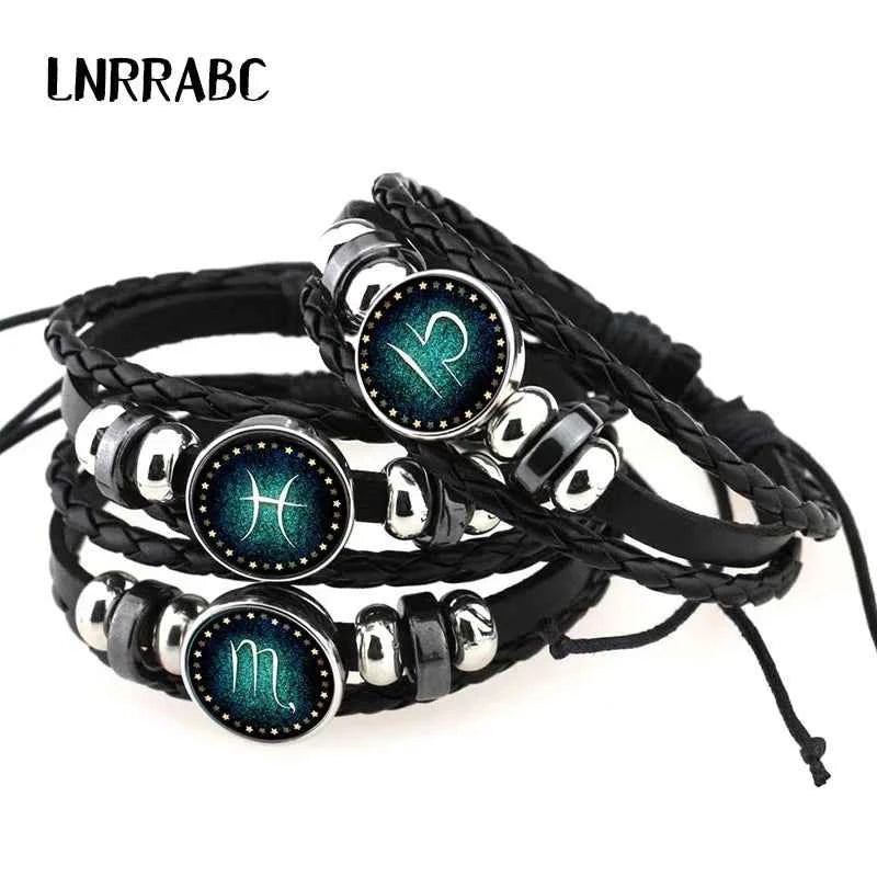 12 Constellations Leather Zodiac Sign with beads Bangle Bracelets For Men Boys Jewelry Travel Accessories Gifts - Pedlar's Attic