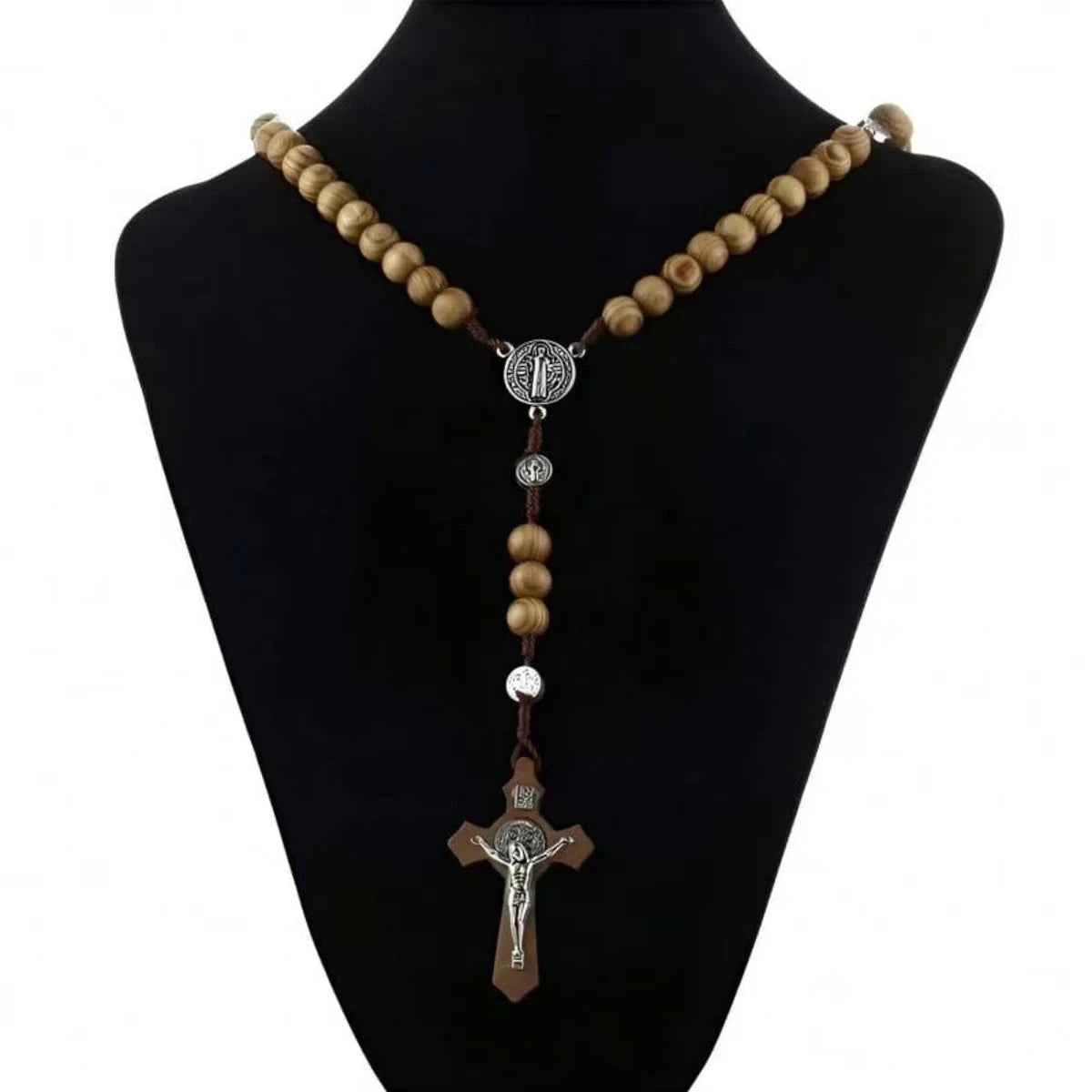 1 Piece/Set Of Wooden Rose Bead Necklace Wooden Saint Benedict Medal and Catholic Cross Religious Prayer Chapel Handmade