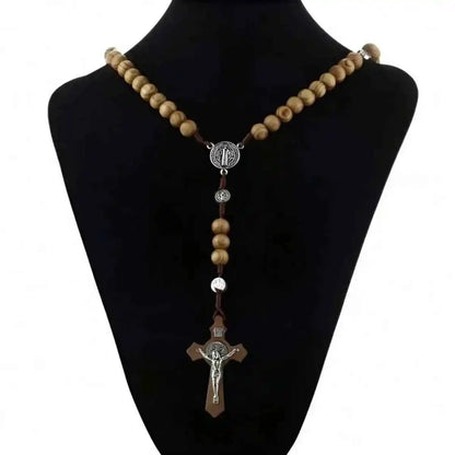 1 Piece/Set Of Wooden Rose Bead Necklace Wooden Saint Benedict Medal and Catholic Cross Religious Prayer Chapel Handmade - Pedlar's Attic