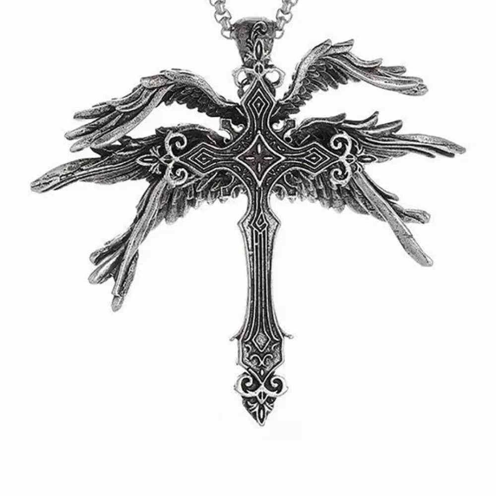 Retro Gothic Jesus Wings Cross Pendant Necklace