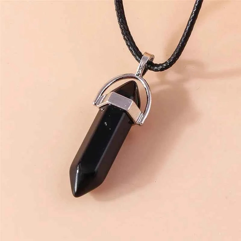 Natural Stone Quartz Lapis Opal Amethyst Pink Crystal Stone Hexagonal Column Pendant Necklaces