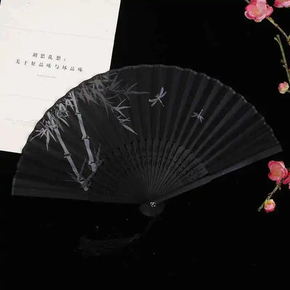 Elegant Essence Bamboo Silk Fan - Chic Black Folding Hand Fan for Dance & Summer Parties, Ideal Gift for Women - Pedlar's Attic