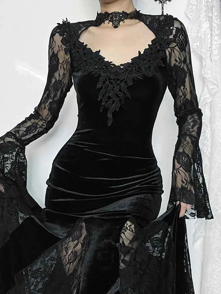 AltGoth Gothic Midi Dress - Elegant Lace Patchwork & Sheer Flare Sleeves, High-Waisted Clubwear for a Stunning Look - Pedlar's Attic