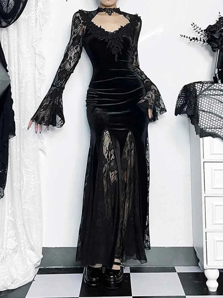 AltGoth Gothic Midi Dress - Elegant Lace Patchwork & Sheer Flare Sleeves, High-Waisted Clubwear for a Stunning Look - Pedlar's Attic