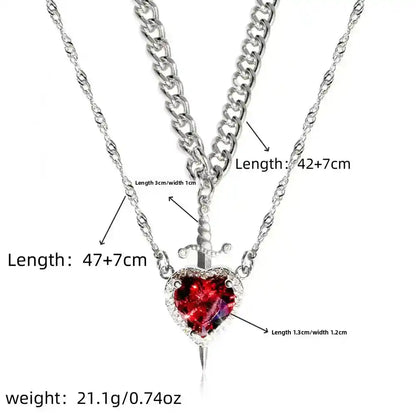 Red Crystal Heart Dagger Pendant Layered Necklace - Pedlar's Attic