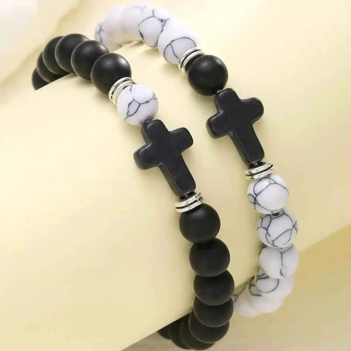 Black Cross, Black and White Bead Chain Bracelet Set Two-Piece - Pedlar's Attic