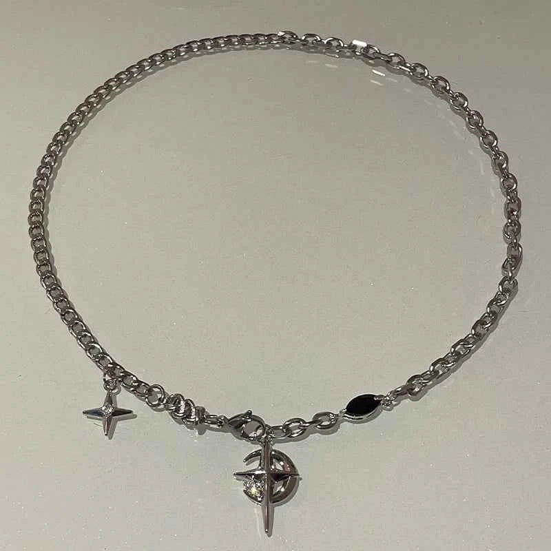 JWER Y2K Cuban Figaro Chain Necklace with Star & Moon Pendant - Punk Black Zircon Choker for Men - Pedlar's Attic
