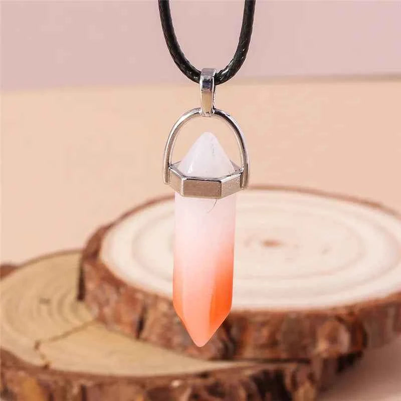 Natural Stone Quartz Lapis Opal Amethyst Pink Crystal Stone Hexagonal Column Pendant Necklaces