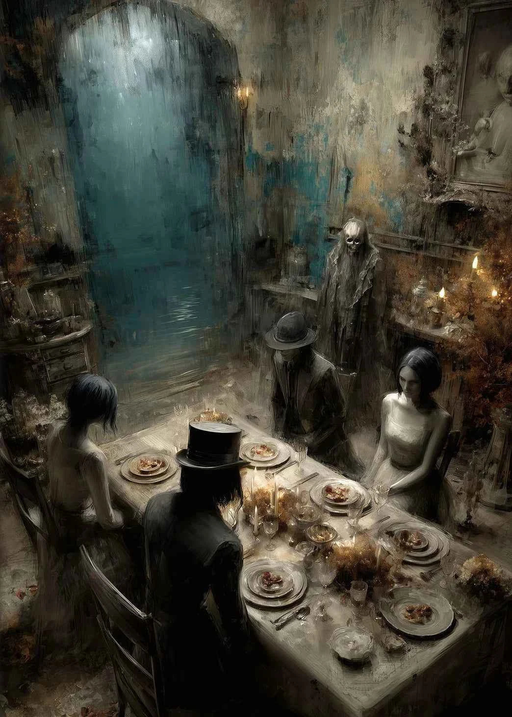 Victoria Style Skull Banquet Fallen Angels Dark Fantasy Art