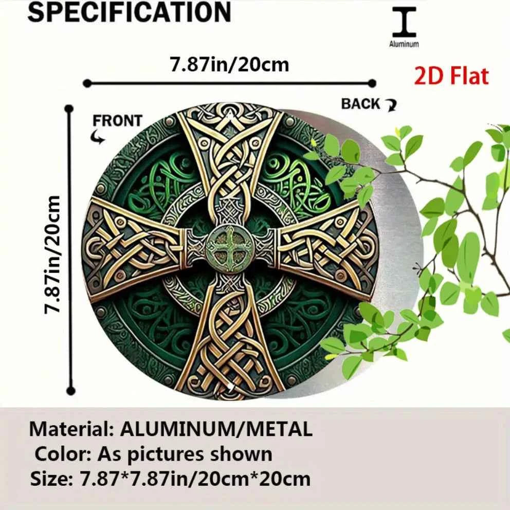 Celtic Cross Sign -  Green Rustic Metal Wall Art with Intricate Knot Design