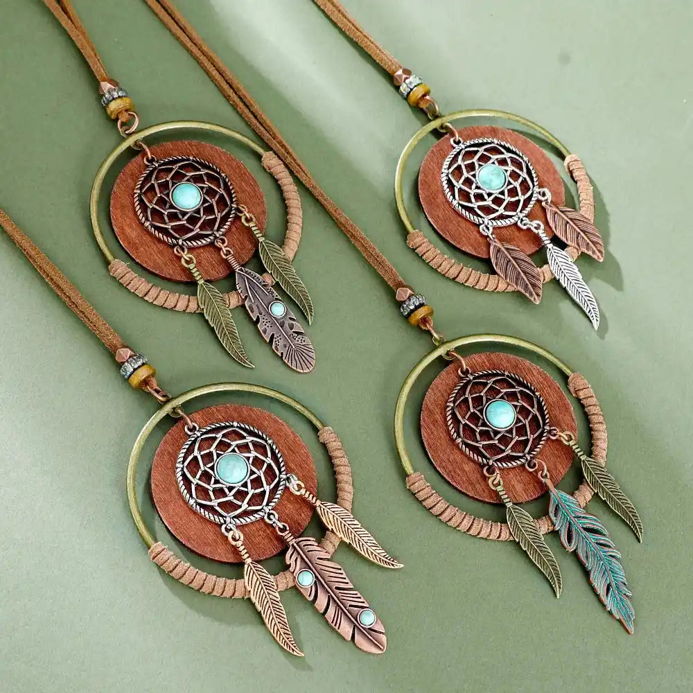 Long bohemian turquoise pendant necklace in dark copper, copper, silver & silver bright. Ethnic-inspired metalwork, lightweight chain. Ships from Pedlar's Attic.