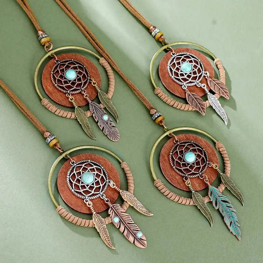 Long bohemian turquoise pendant necklace in dark copper, copper, silver & silver bright. Ethnic-inspired metalwork, lightweight chain. Ships from Pedlar's Attic.