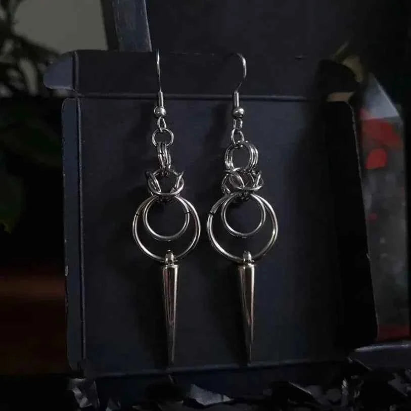 Gothic Elegance Stainless Steel Double Loop Spike Chainmail Earrings - Pedlar's Attic