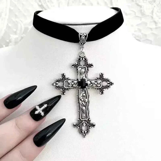 WEN Vintage Antique Silver Color Cross Choker Black Rhinestone Gothic Black Rope Necklace Perfect for Victorian - Themed Gatheri