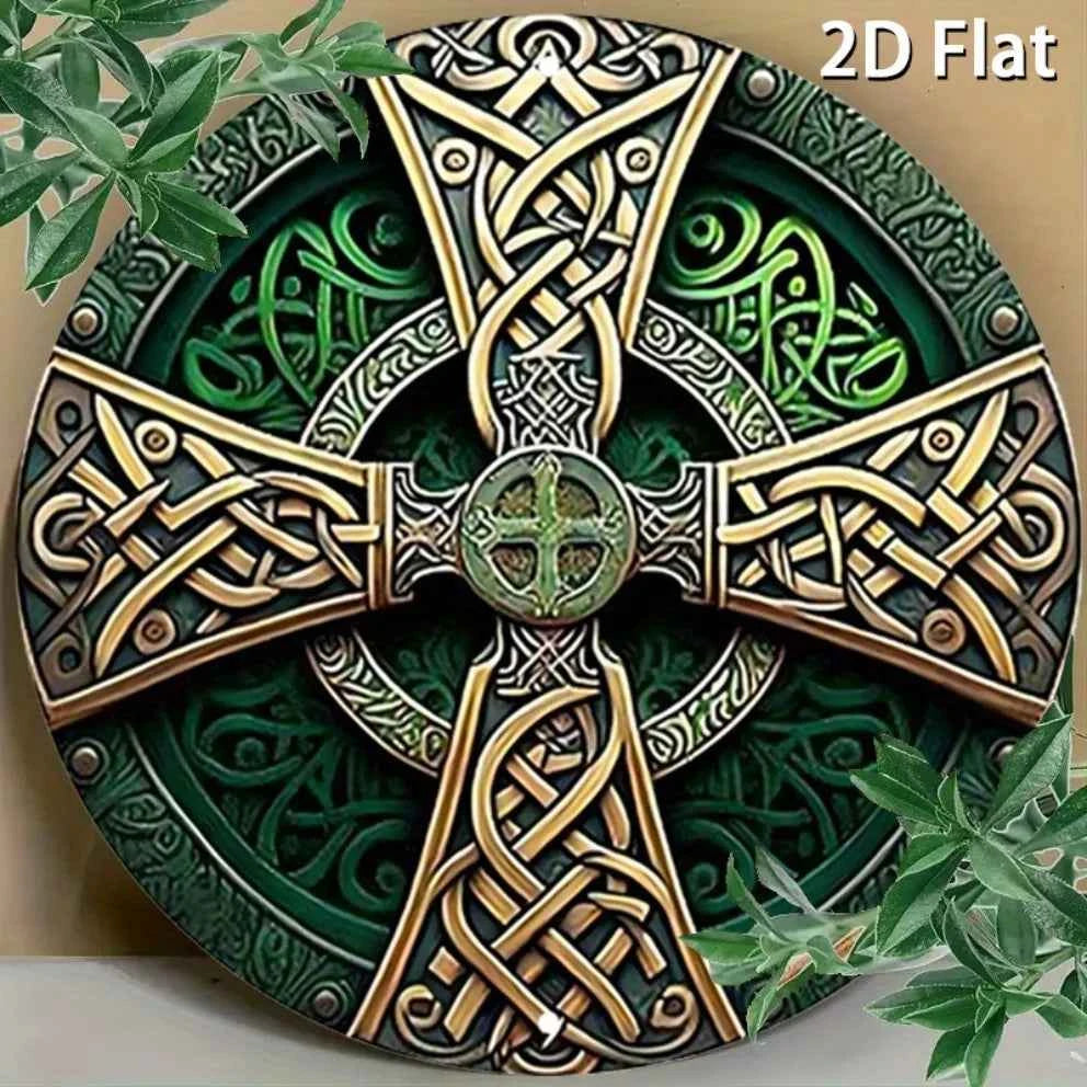 Celtic Cross Sign -  Green Rustic Metal Wall Art with Intricate Knot Design