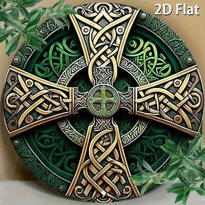 Celtic Cross Sign - Green Rustic Metal Wall Art with Intricate Knot Design - Pedlar's Attic
