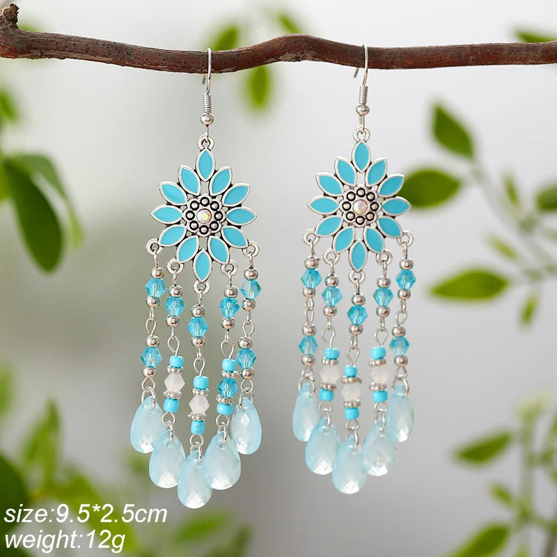 Blue Fashion Boho Temperament Water Drop Feather Earrings for Women Long Crystal Rhinestone Drop Oil Dangle Earring Jewelry