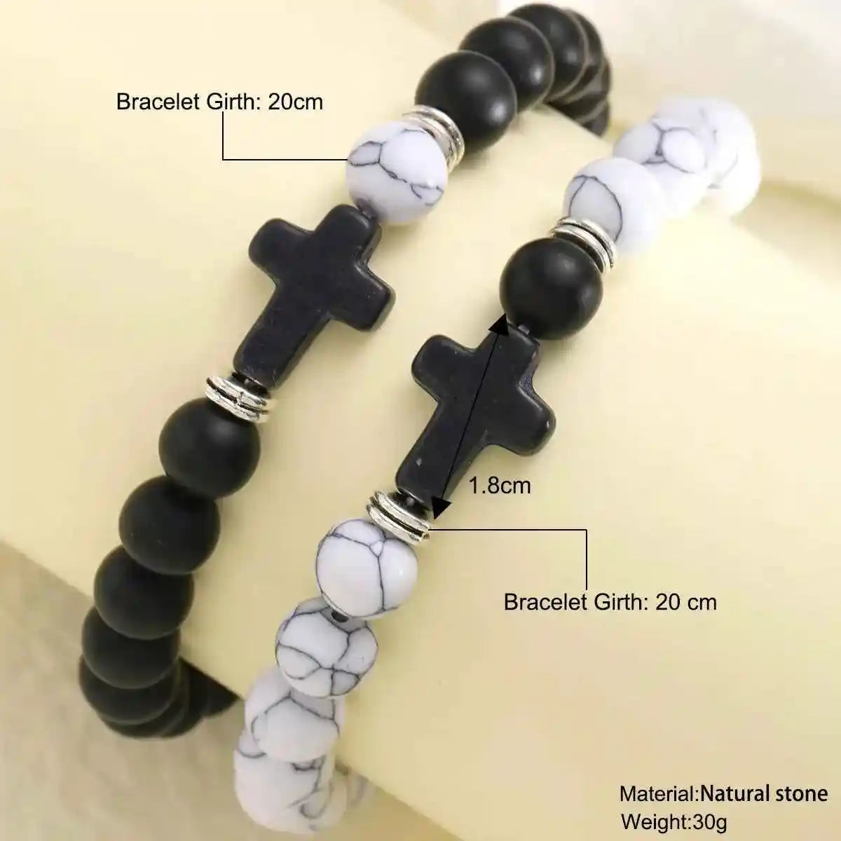 Black Cross, Black and White Bead Chain Bracelet Set Two-Piece - Pedlar's Attic