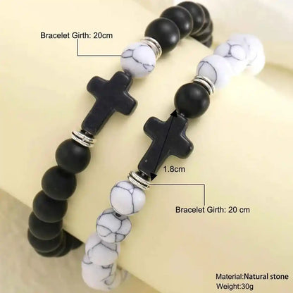 Black Cross, Black and White Bead Chain Bracelet Set Two-Piece - Pedlar's Attic