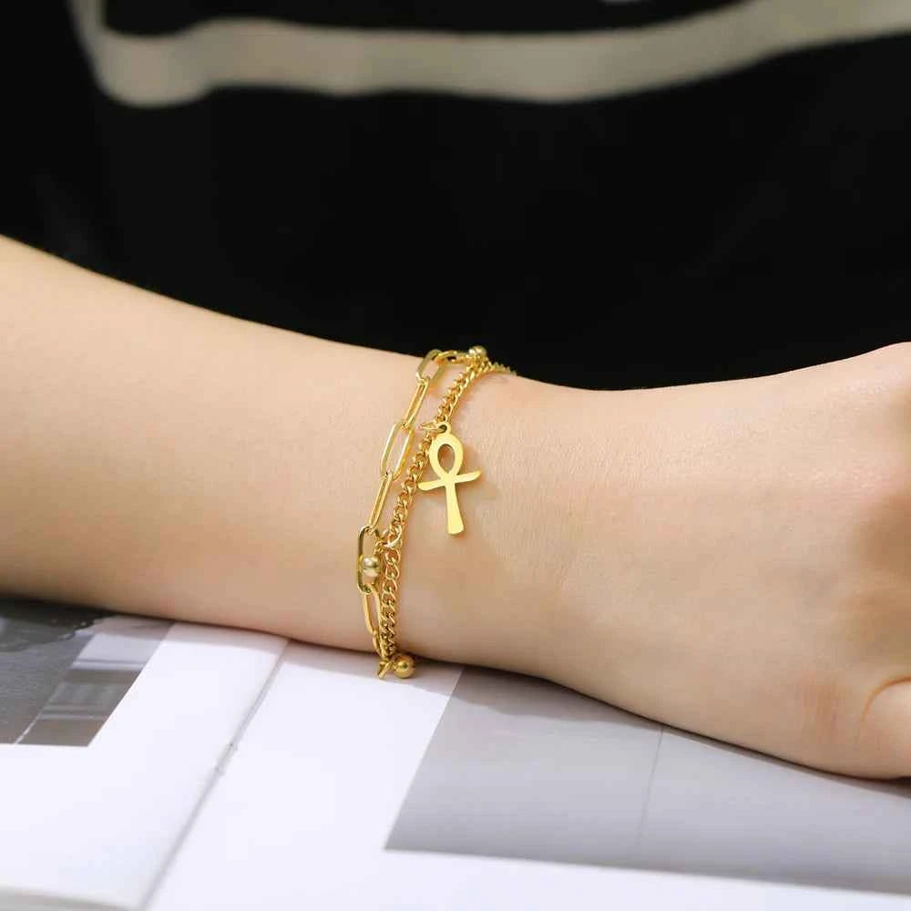 Dawapara Ankh Cross Bracelet Religious Ancient Egyptian Key To Life Prayer Amulet Supernatural Stainless Steel Jewelry