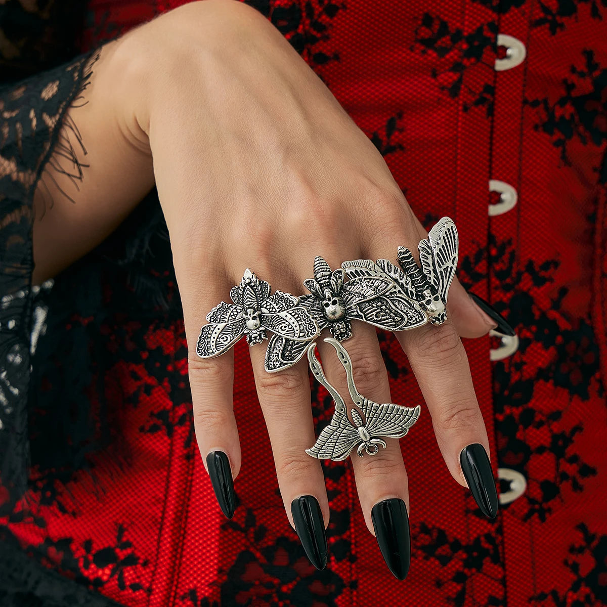 The Duskwing Flight — Four-Piece Gothic Moth Ring Set