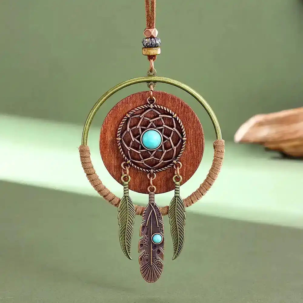 Long bohemian turquoise pendant necklace in dark copper, copper, silver & silver bright. Ethnic-inspired metalwork, lightweight chain. Ships from Pedlar's Attic.