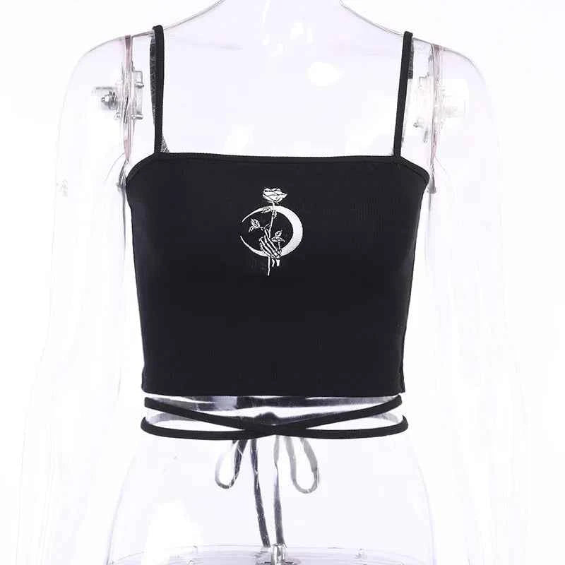 Gothic Women's Print Suspender Sleeveless Square Neck Slim Crop Top