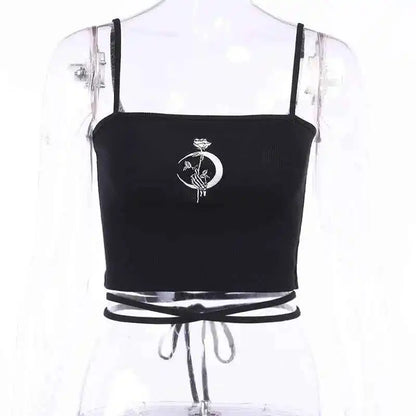 Gothic Women's Print Suspender Sleeveless Square Neck Slim Crop Top - Pedlar's Attic