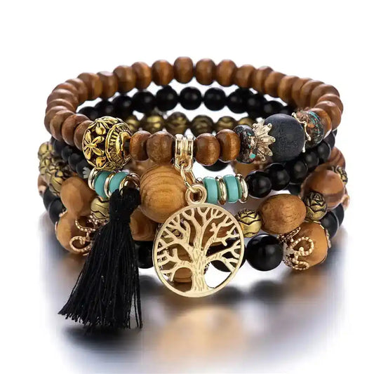 Boho Tree of Life Wooden Beaded Bracelet Set — 4 Piece