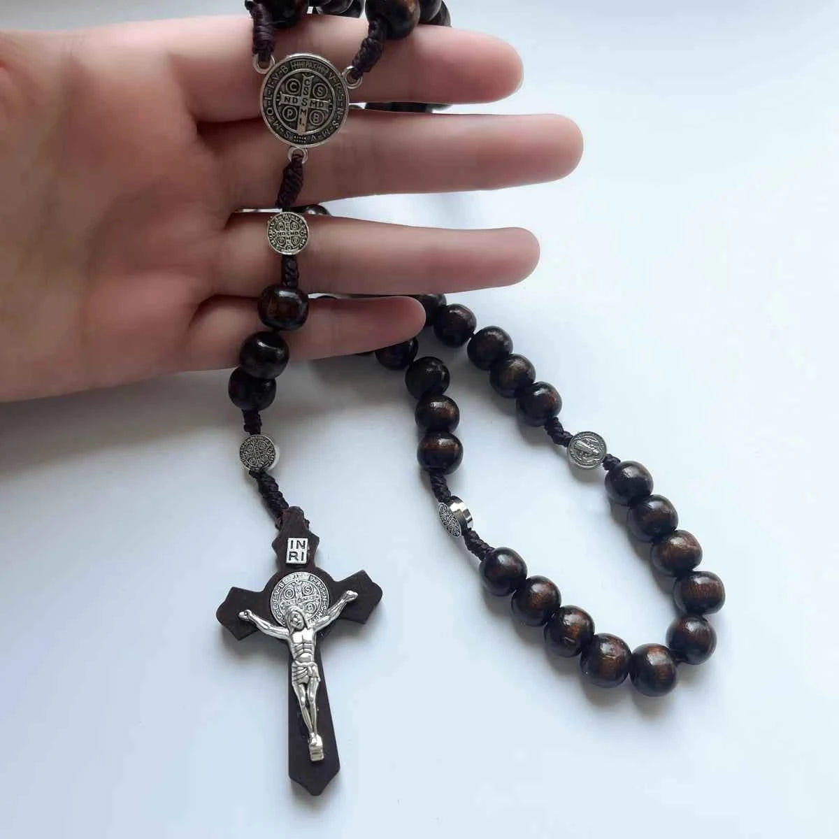 1 Piece/Set Of Wooden Rose Bead Necklace Wooden Saint Benedict Medal and Catholic Cross Religious Prayer Chapel Handmade